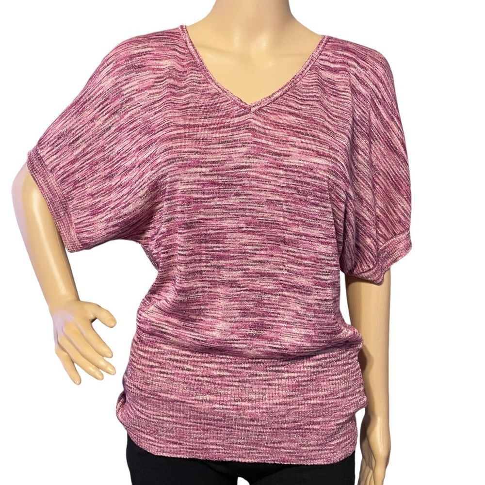 Dressbarn 1/2 Sleeve Heathered Sweater Pink White Purple Metallic Threading L